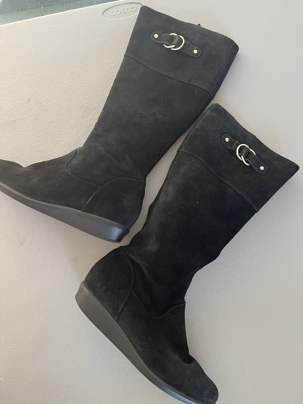 Cole Haan N.Air Waterproof Womens Tall Flat Boots 10B Black Suede Buckle Zip Y2K